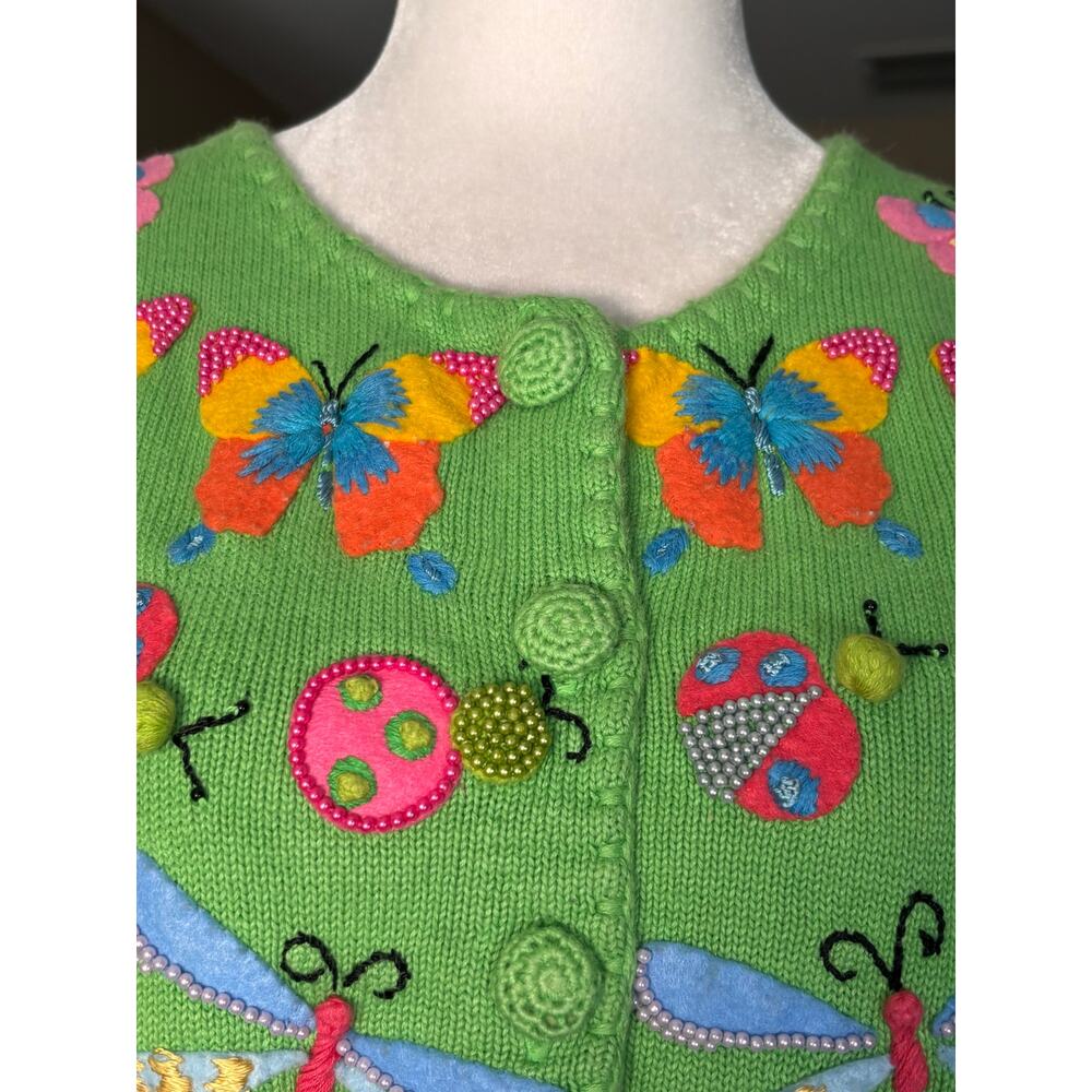 Michael Simon Butterfly Ladybug Dragonfly Beaded Knit Cardigan Sweater Whimsical - Picture 8 of 10